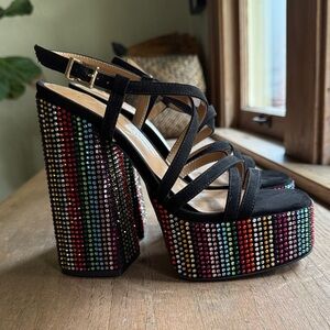 Black Strappy Platform Heels with Multicolor Crystal Embellishment